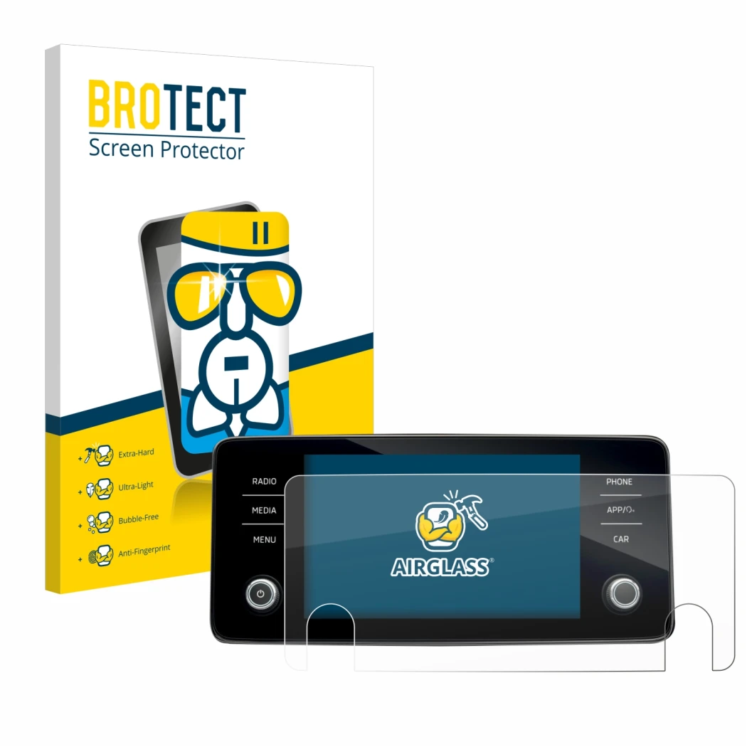 Front side of a product packaging with the brand logo BROTECT. Next to it is the device Skoda Bolero 2020 Infotainment System 