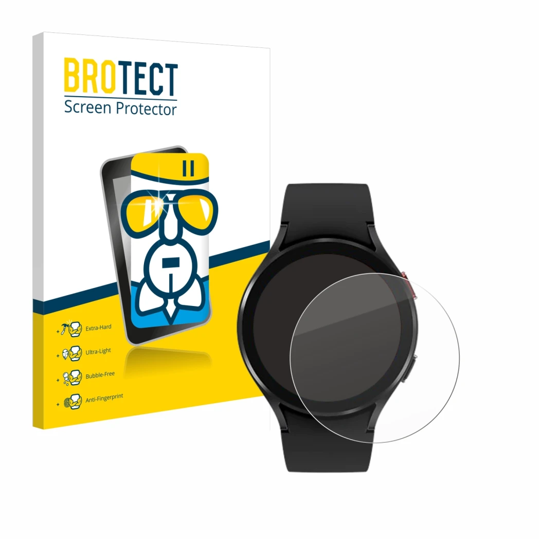 Front side of a product packaging with the brand logo BROTECT. Next to it is the device Samsung Galaxy Watch 4 (44mm) shown wi