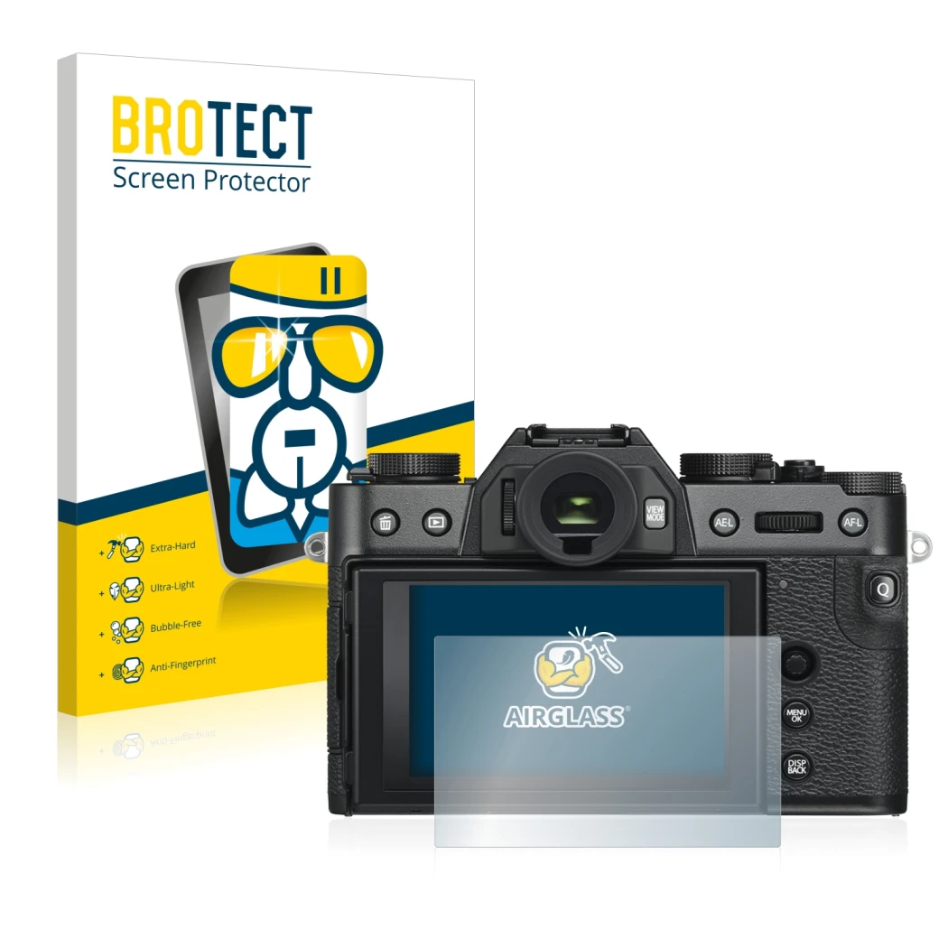 Front side of a product packaging with the brand logo BROTECT. Next to it is the device Fujifilm X-T30 ll shown with the corre