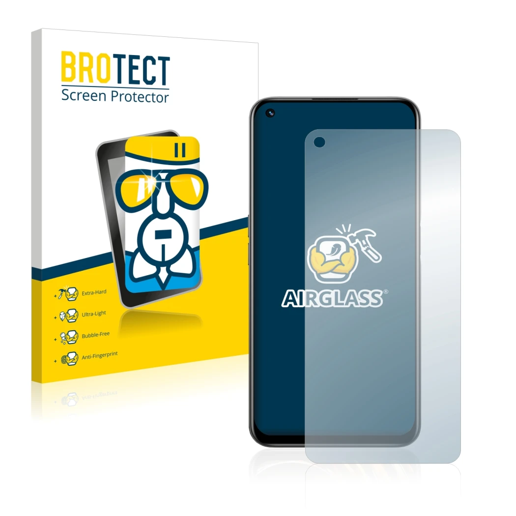 Front side of a product packaging with the brand logo BROTECT. Next to it is the device realme 8i shown with the corresponding