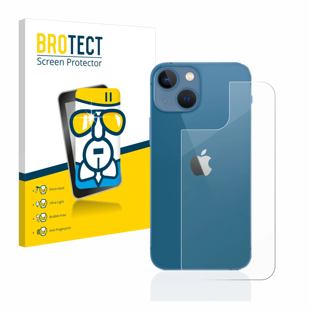 Front side of a product packaging with the brand logo BROTECT. Next to it is the device Apple iPhone 13 mini (Back) shown with