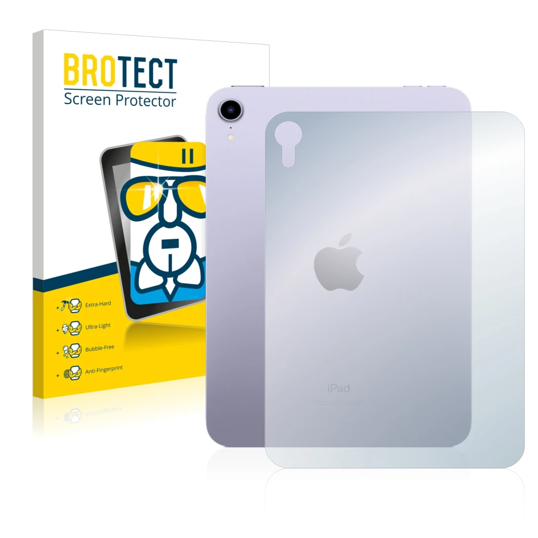 Front side of a product packaging with the brand logo BROTECT. Next to it is the device Apple iPad Mini 6 2021 (6th. Gen., Bac
