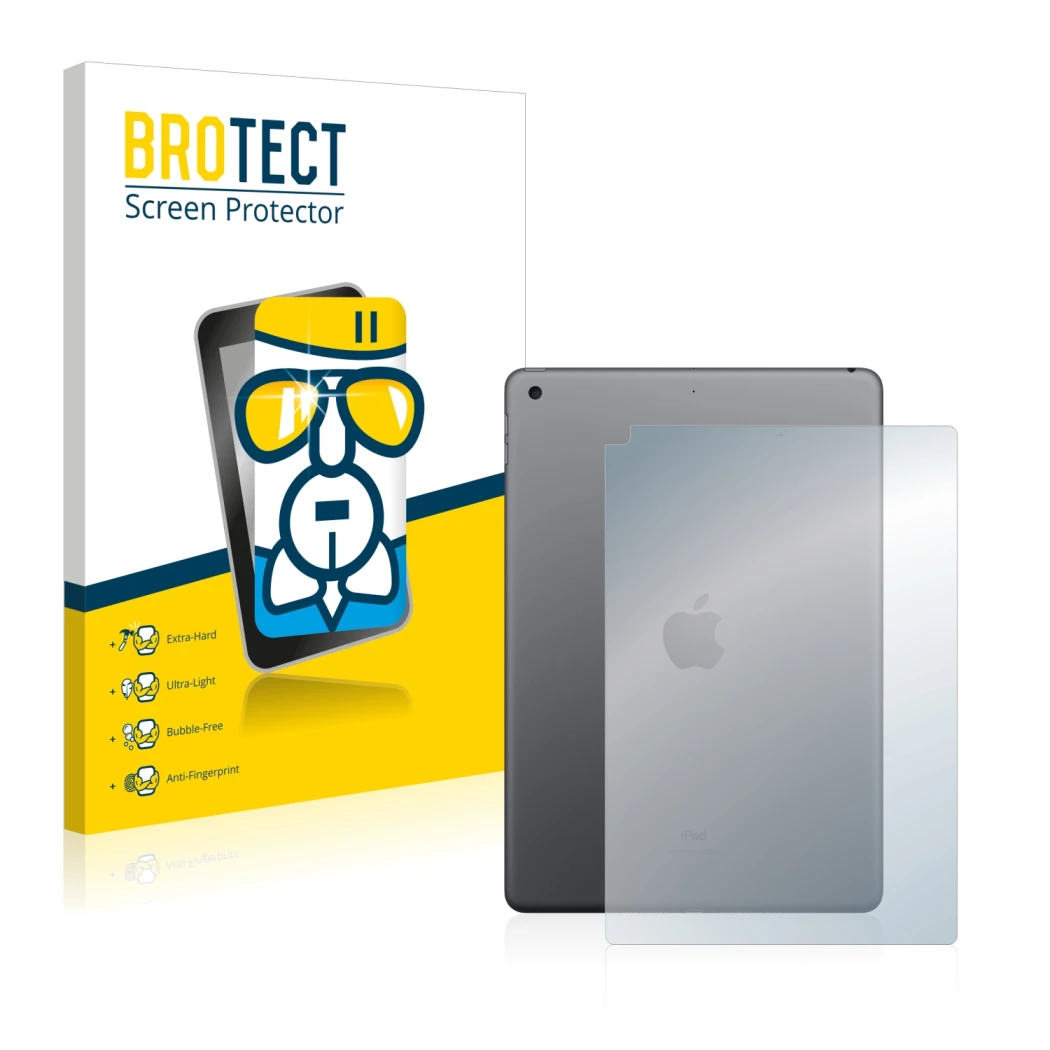 Front side of a product packaging with the brand logo BROTECT. Next to it is the device Apple iPad 10.2″ WiFi 2021 (9th. Gen.,