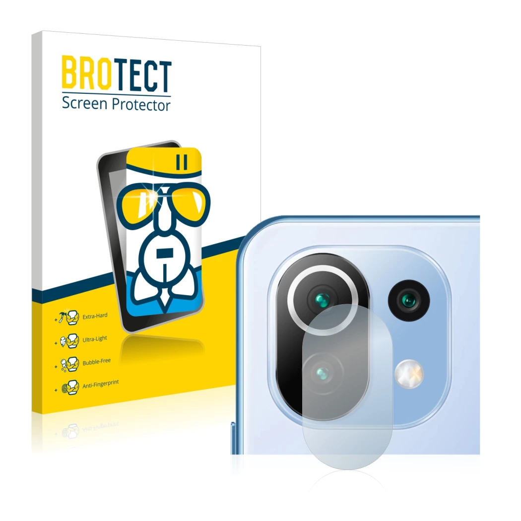 Front side of a product packaging with the brand logo BROTECT. Next to it is the device Xiaomi 11 Lite 5G NE (ONLY Camera Lens