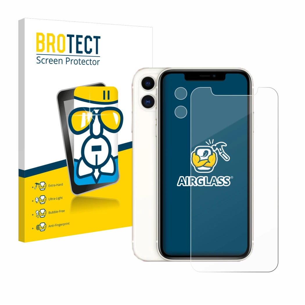 Front side of a product packaging with the brand logo BROTECT. Next to it is the device Apple iPhone 11 (Front+Camera) shown w