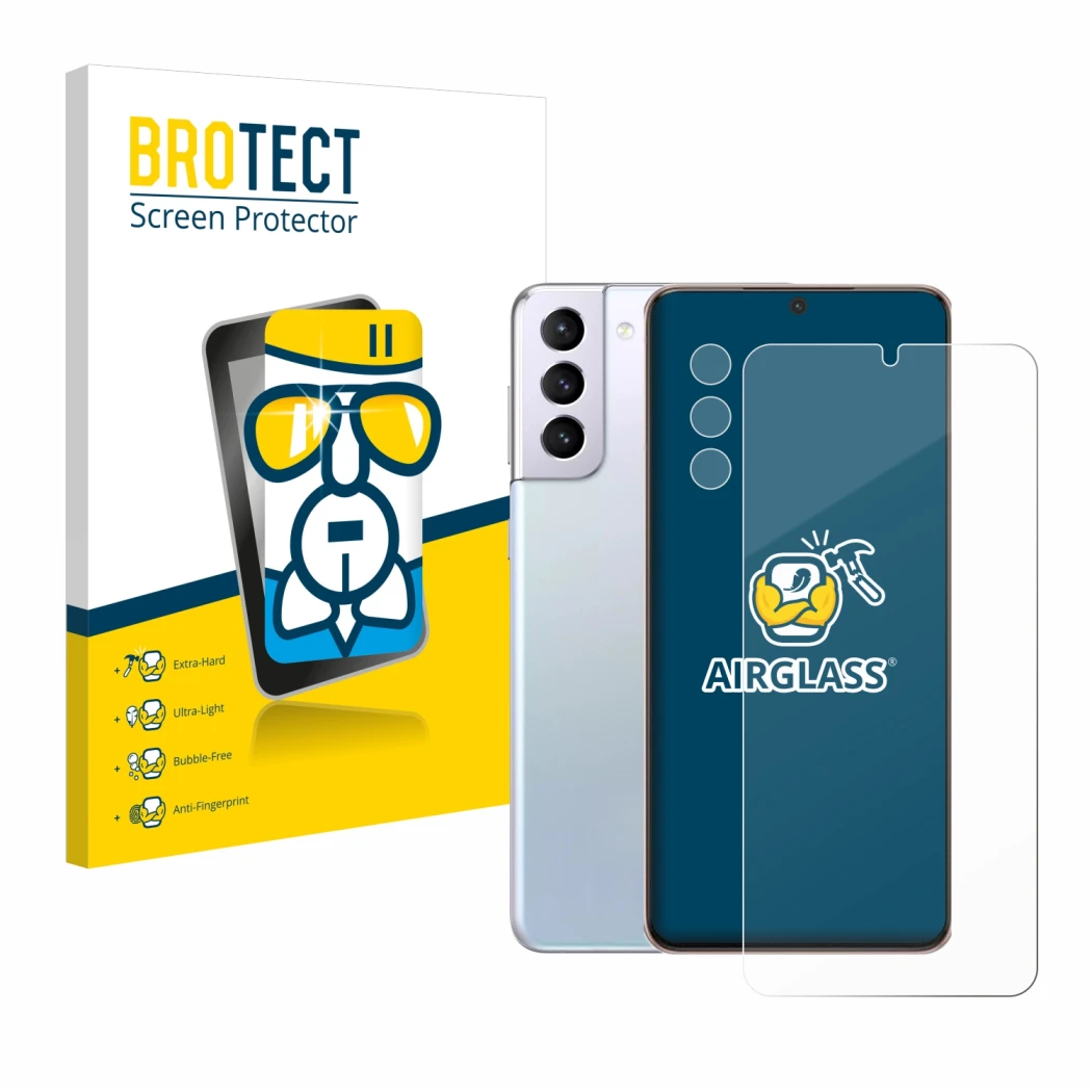 Front side of a product packaging with the brand logo BROTECT. Next to it is the device Samsung Galaxy S21 Plus 5G (Front+Came