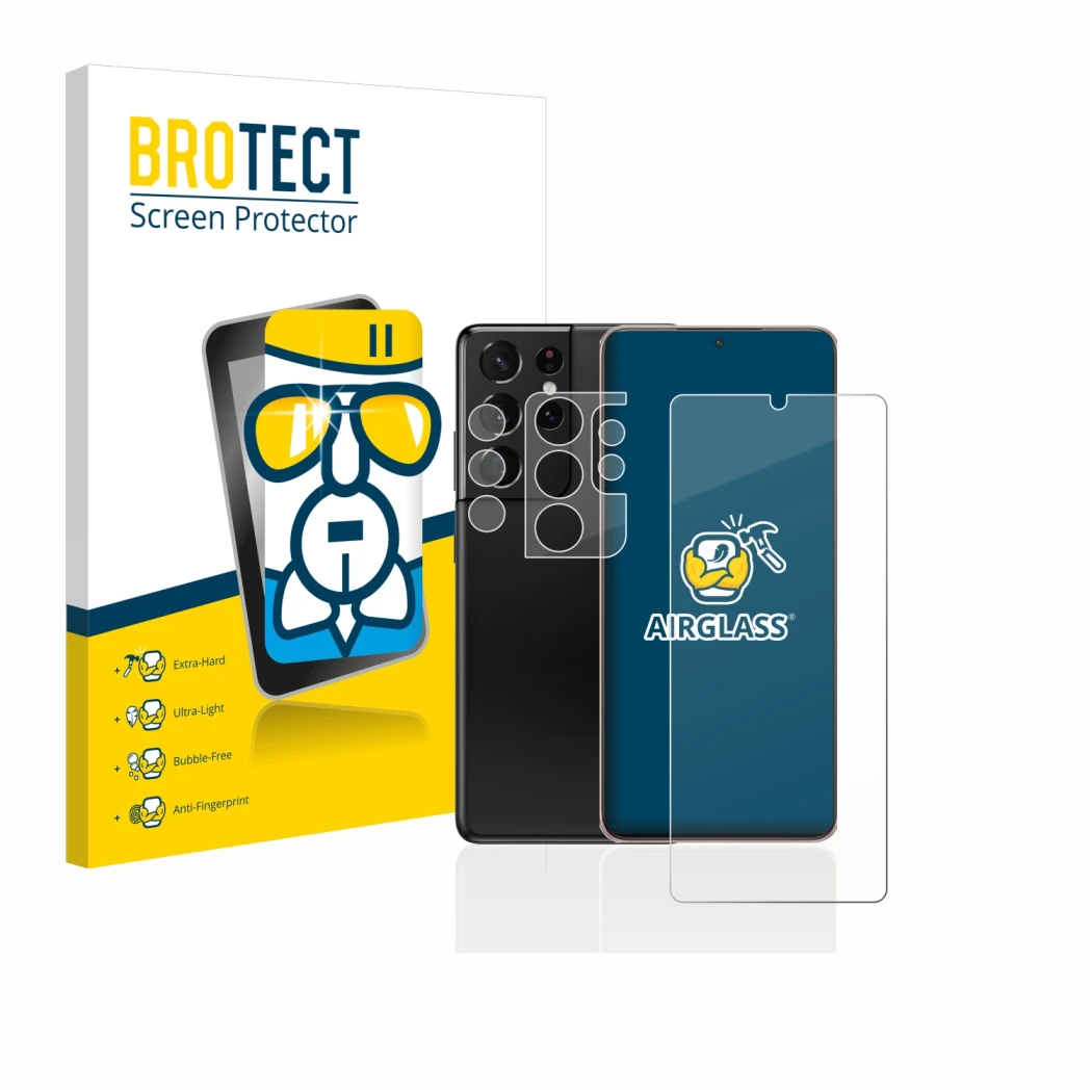 Front side of a product packaging with the brand logo BROTECT. Next to it is the device Samsung Galaxy S21 Ultra 5G (Front+Cam