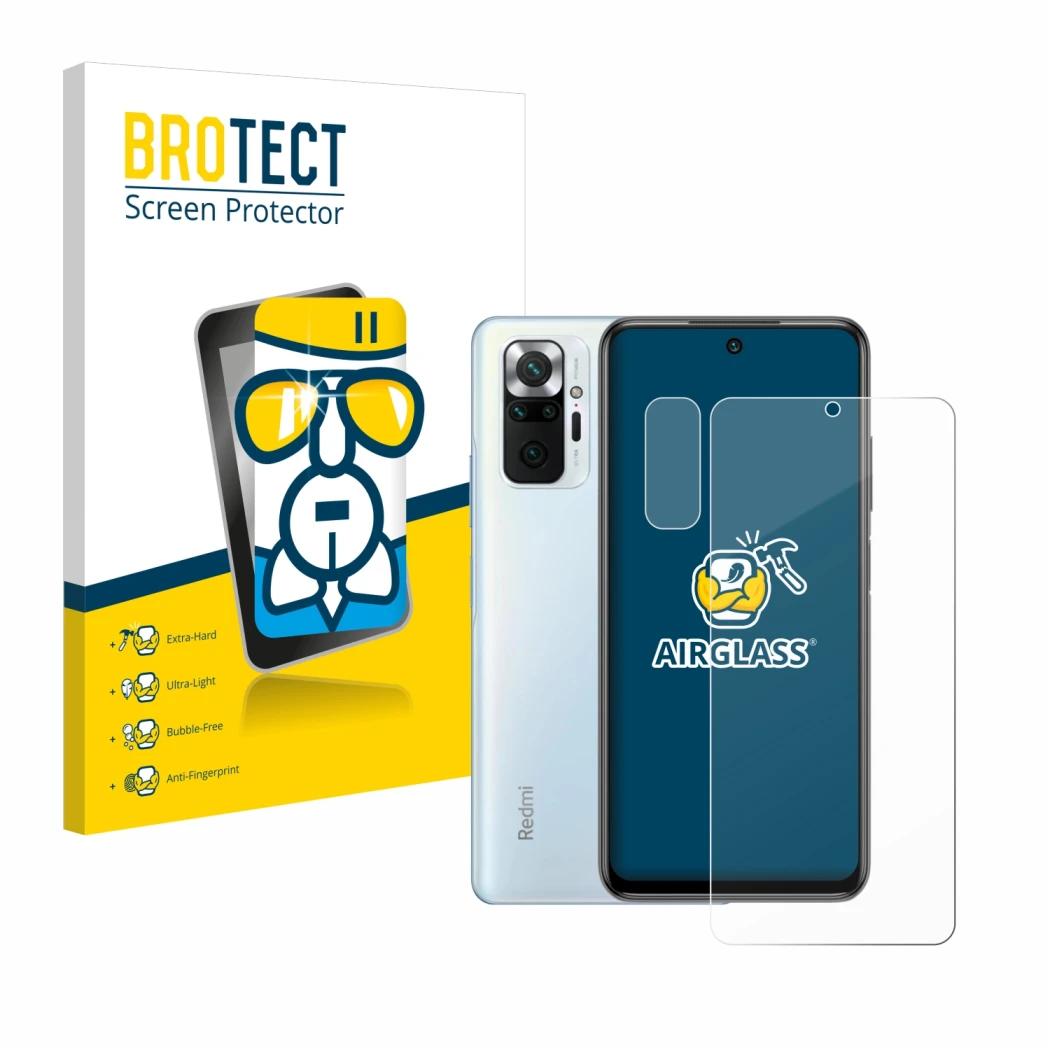 Front side of a product packaging with the brand logo BROTECT. Next to it is the device Xiaomi Redmi Note 10 Pro (Front+Camera