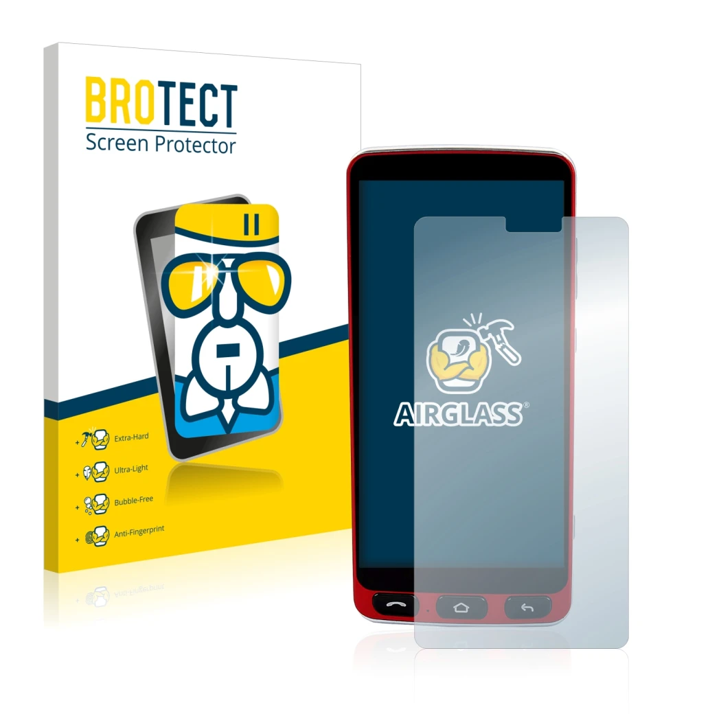 Front side of a product packaging with the brand logo BROTECT. Next to it is the device Olympia Neo Smartphone shown with the 