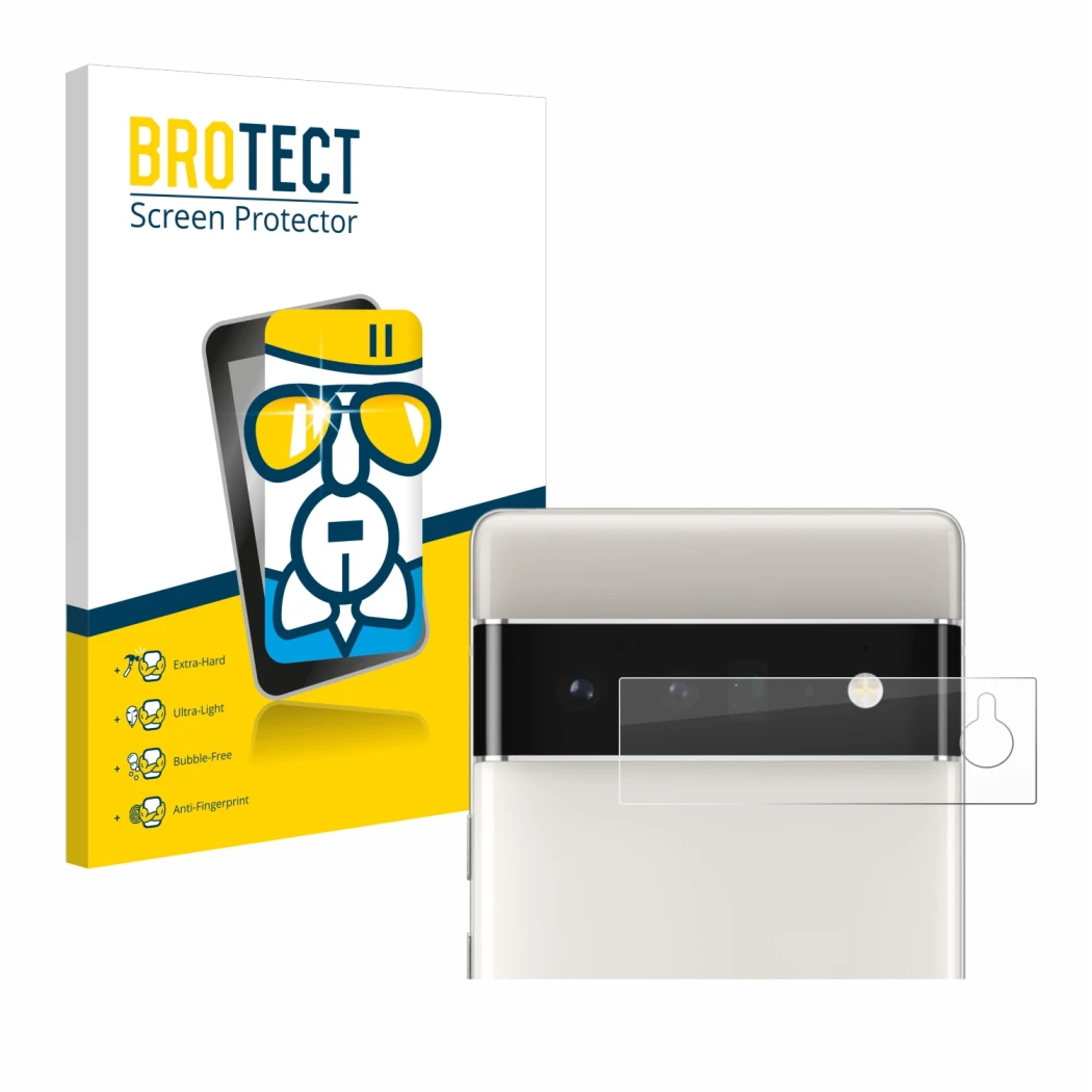 Front side of a product packaging with the brand logo BROTECT. Next to it is the device Google Pixel 6 Pro (ONLY Camera Lens) 