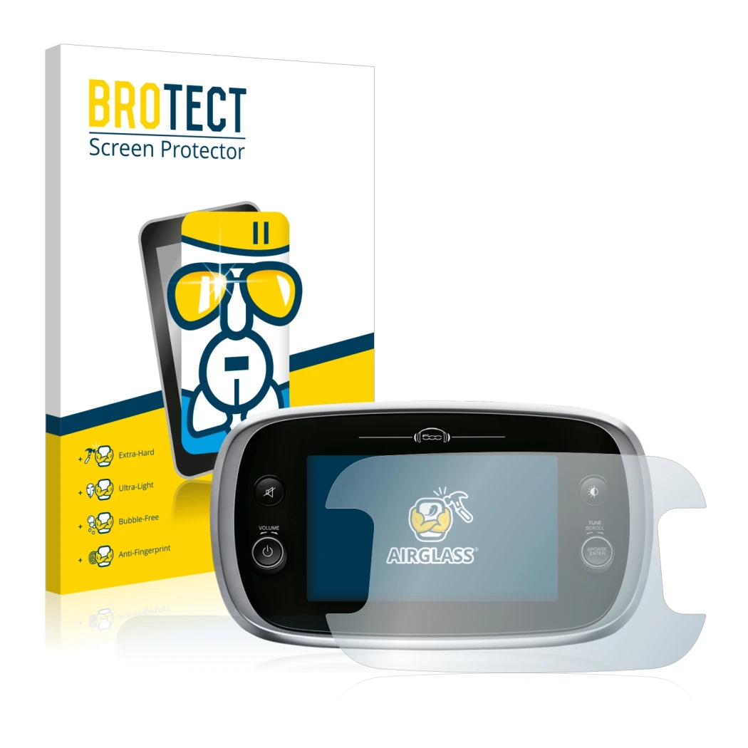 Front side of a product packaging with the brand logo BROTECT. Next to it is the device Fiat 500X Uconnect 7