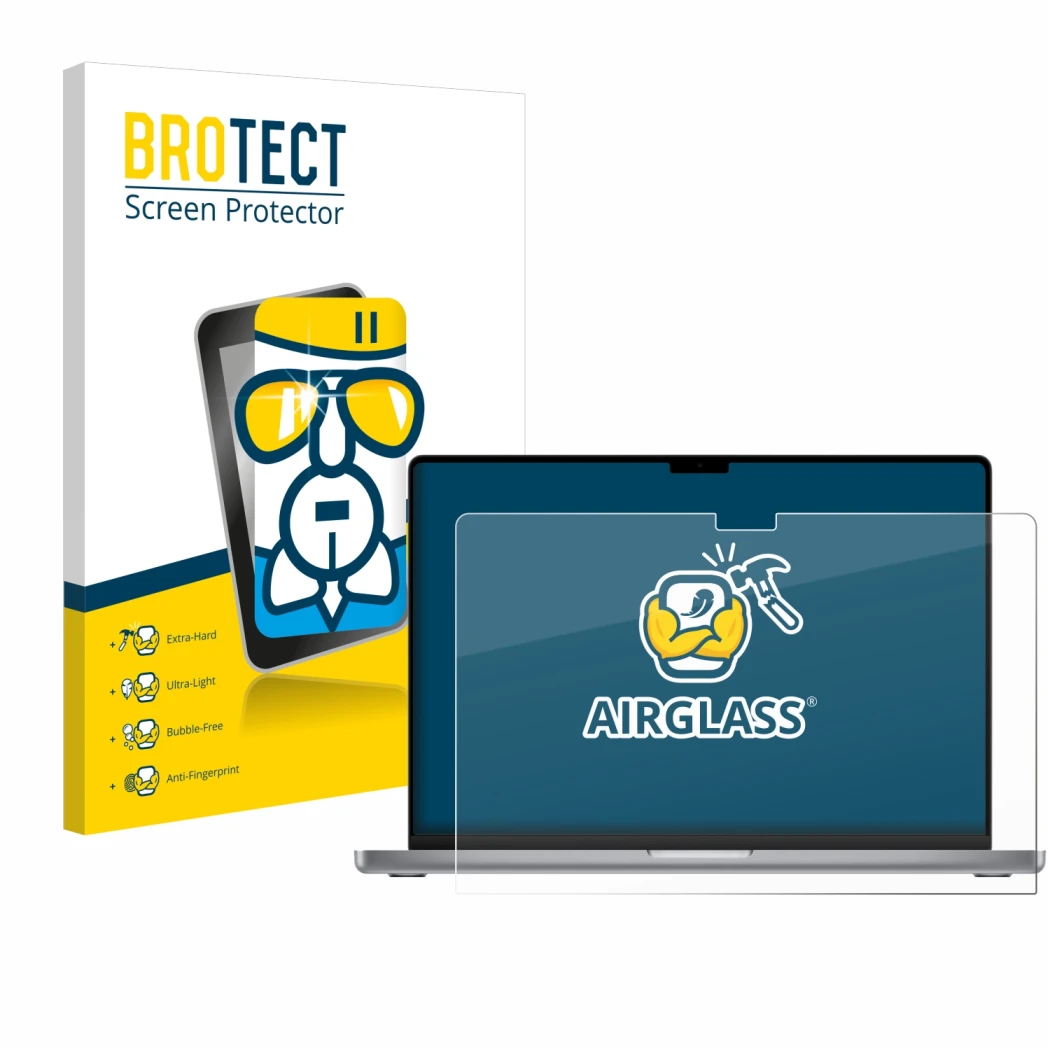 Front side of a product packaging with the brand logo BROTECT. Next to it is the device Apple MacBook Pro 16