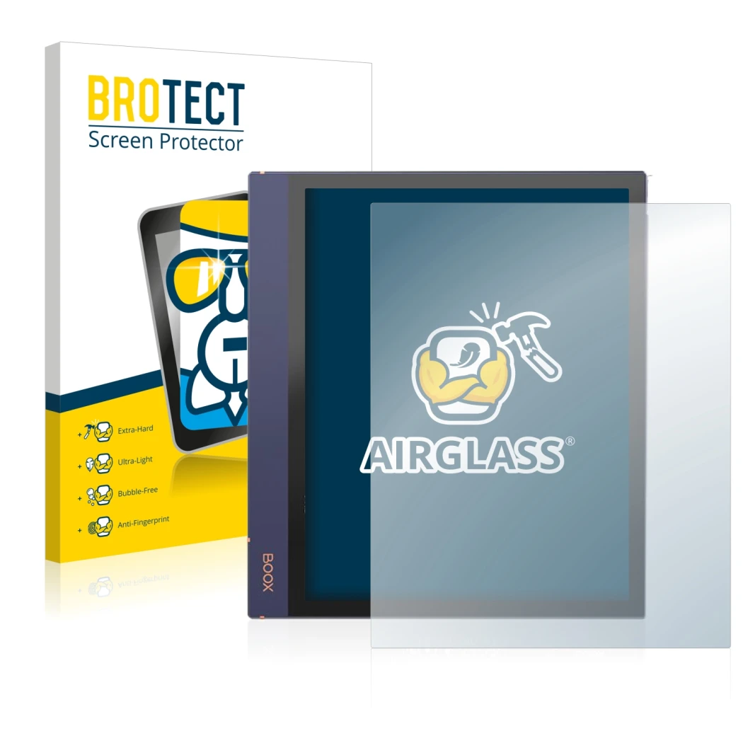 Front side of a product packaging with the brand logo BROTECT. Next to it is the device Boox Note Air 2 shown with the corresp
