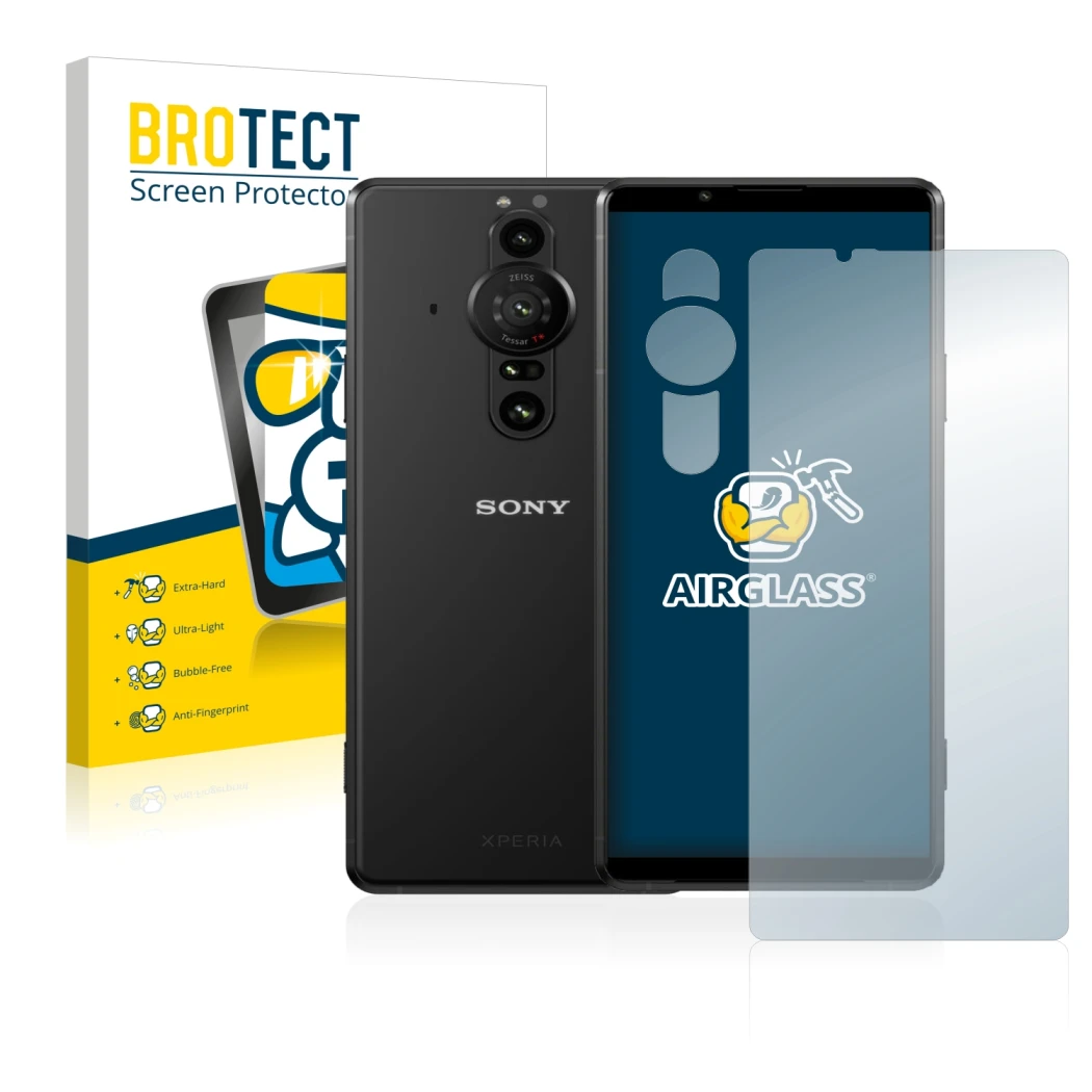 Front side of a product packaging with the brand logo BROTECT. Next to it is the device Sony Xperia Pro-I (Front+Camera) shown