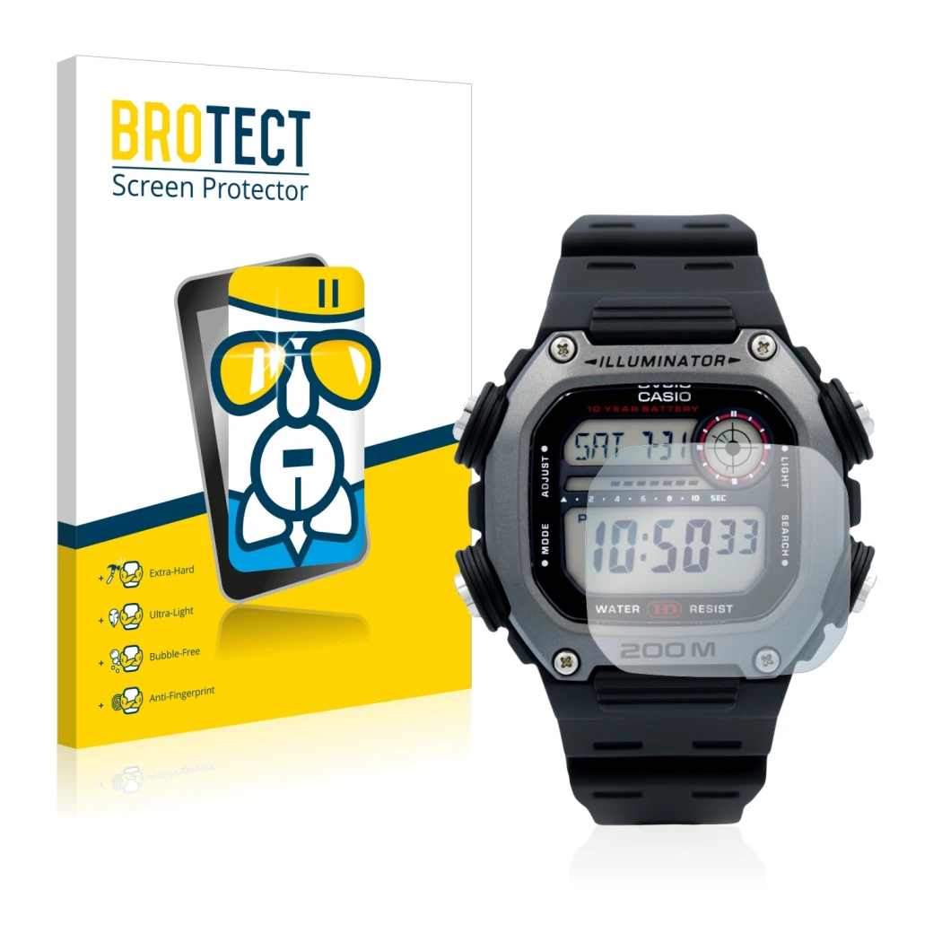 Front side of a product packaging with the brand logo BROTECT. Next to it is the device Casio DW-291H shown with the correspon