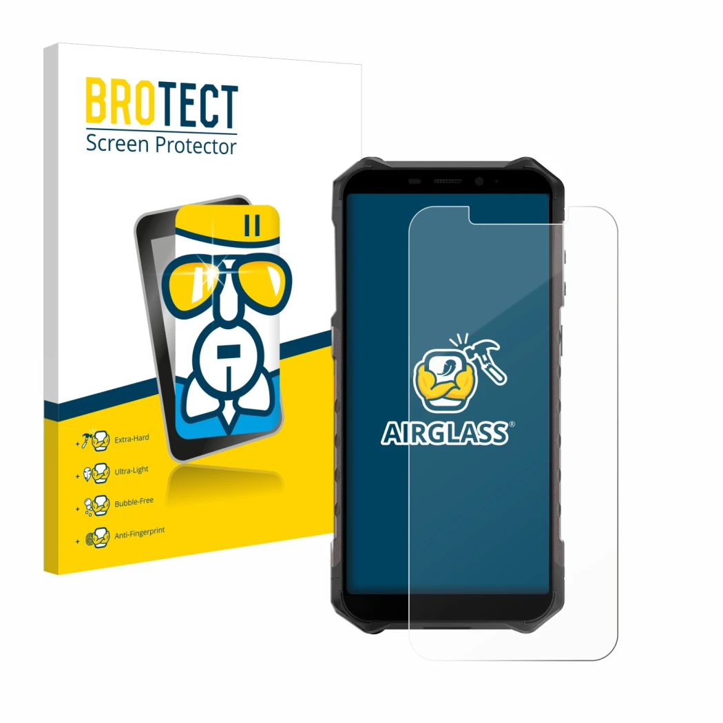 Front side of a product packaging with the brand logo BROTECT. Next to it is the device Ulefone Armor X9 Pro shown with the co