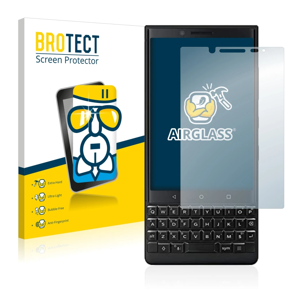 Front side of a product packaging with the brand logo BROTECT. Next to it is the device BlackBerry Key2 (Dual Sim) shown with