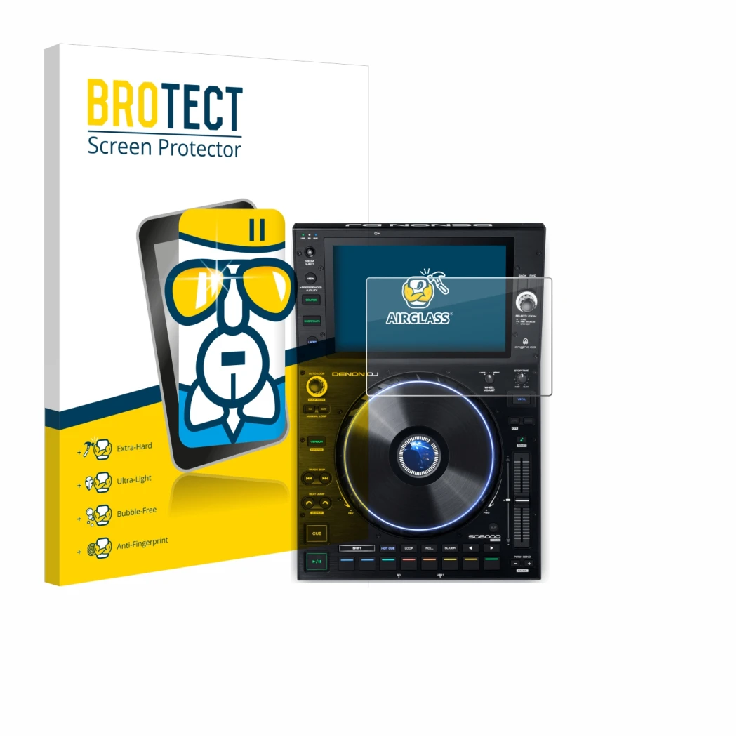 Front side of a product packaging with the brand logo BROTECT. Next to it is the device Denon DJ SC6000 Prime shown with the c