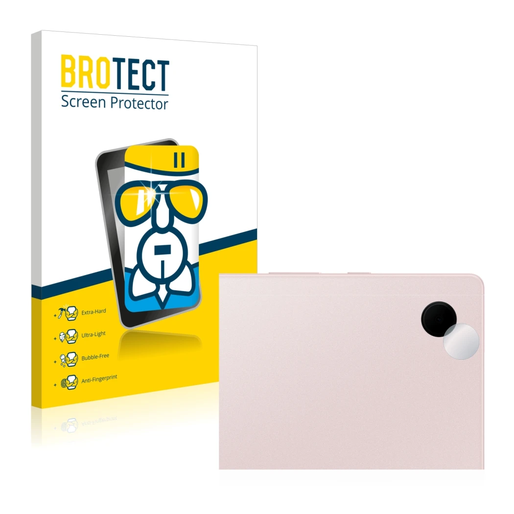 Front side of a product packaging with the brand logo BROTECT. Next to it is the device Samsung Galaxy Tab A8 WiFi (ONLY Camer