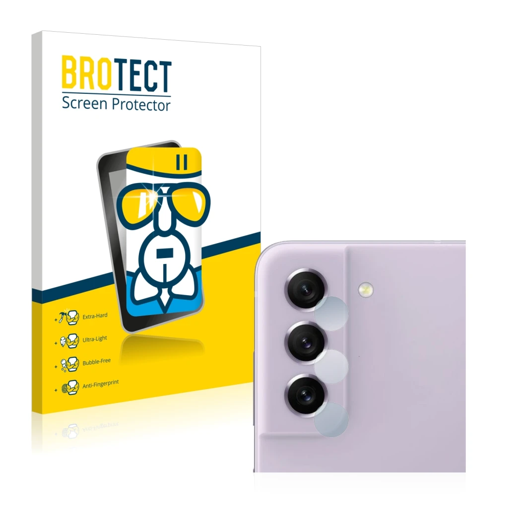 Front side of a product packaging with the brand logo BROTECT. Next to it is the device Samsung Galaxy S21 FE 5G (ONLY Camera 