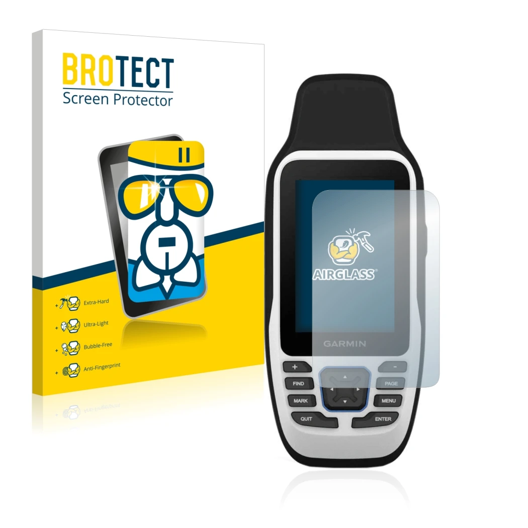 Front side of a product packaging with the brand logo BROTECT. Next to it is the device Garmin GPSMAP 79s shown with the corre