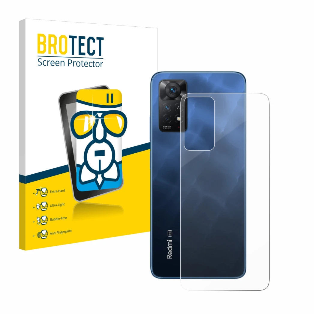 Front side of a product packaging with the brand logo BROTECT. Next to it is the device Xiaomi Redmi Note 11 Pro 5G (Back) sho