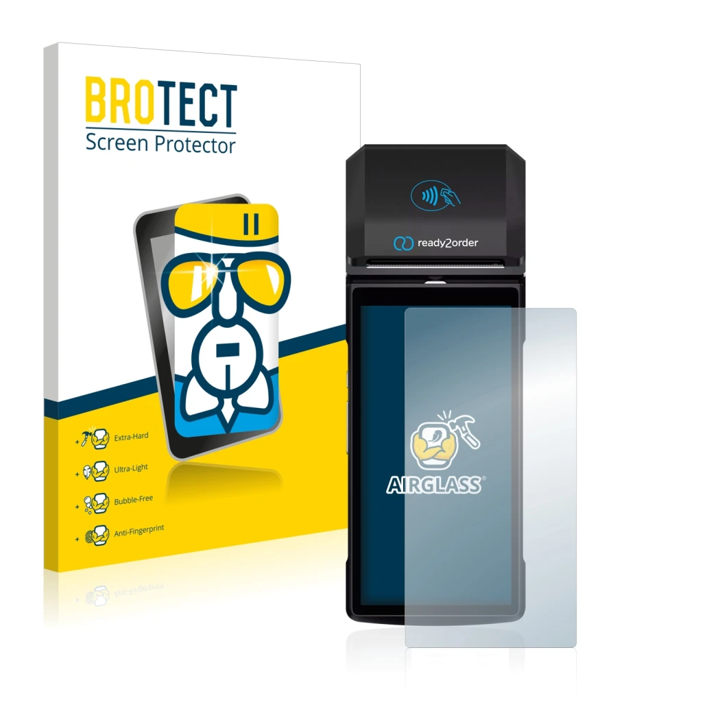 Front side of a product packaging with the brand logo BROTECT. Next to it is the device Ready2order ReadyGo shown with the cor