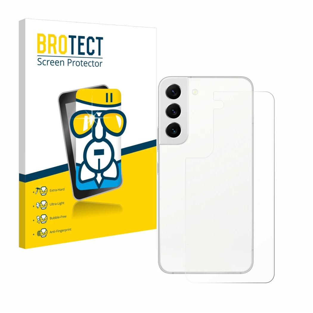 Front side of a product packaging with the brand logo BROTECT. Next to it is the device Samsung Galaxy S22 5G (Back) shown wit