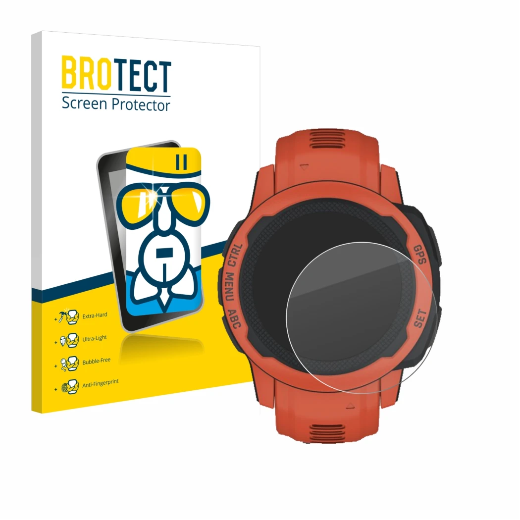 Front side of a product packaging with the brand logo BROTECT. Next to it is the device Garmin Instinct 2S shown with the corr