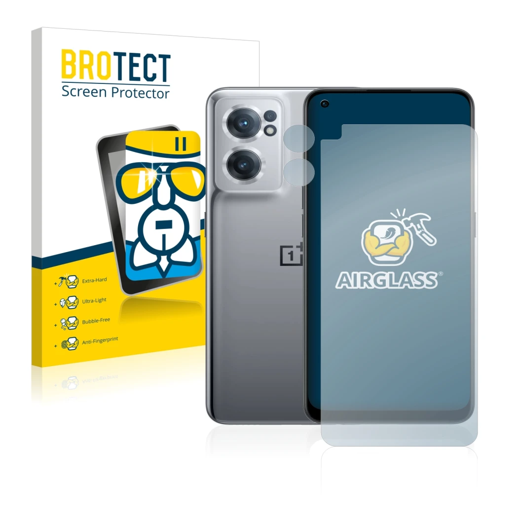 Front side of a product packaging with the brand logo BROTECT. Next to it is the device OnePlus Nord CE 2 5G (Front+Camera) sh