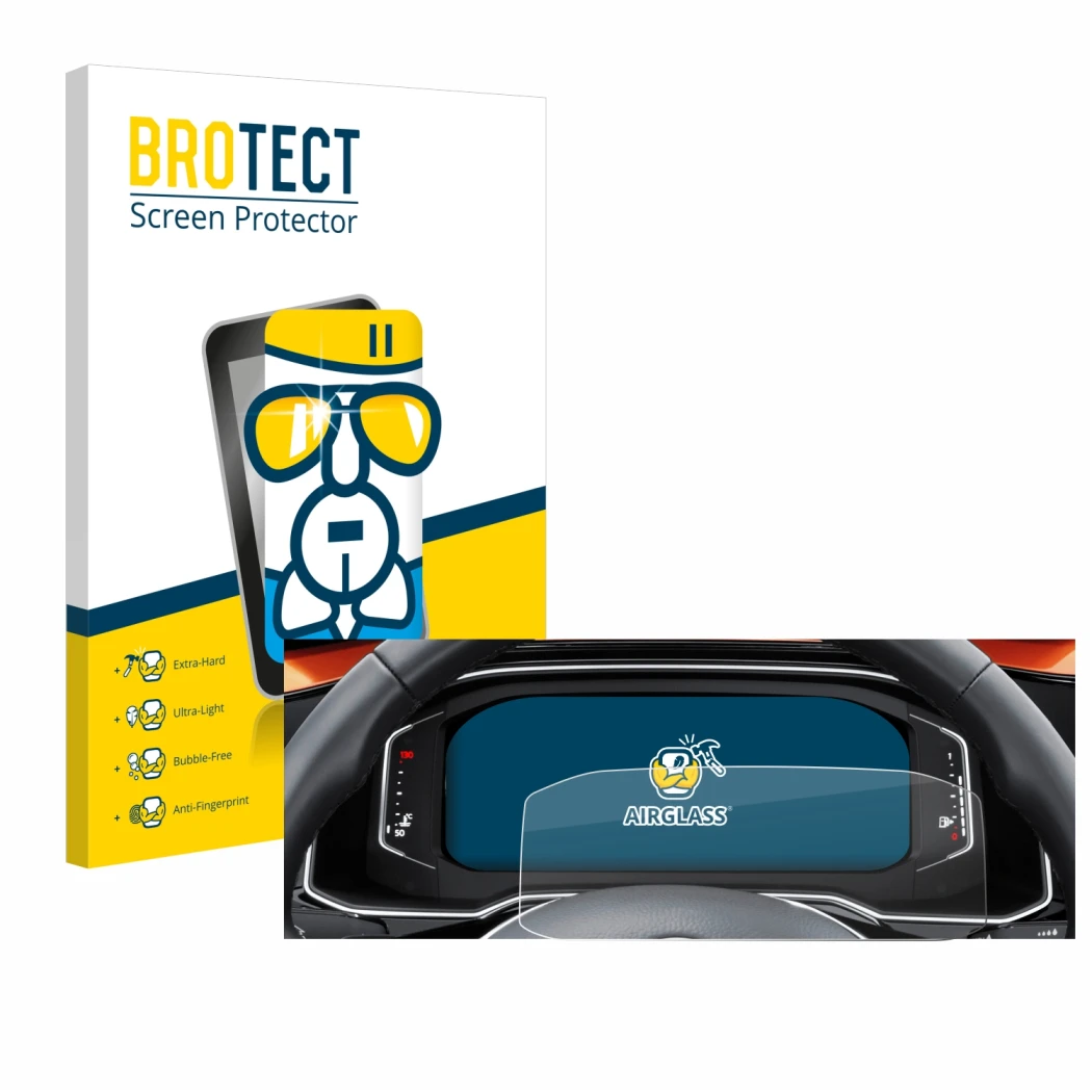 Front side of a product packaging with the brand logo BROTECT. Next to it is the device Volkswagen Polo 6 Digital Cockpit Pro 
