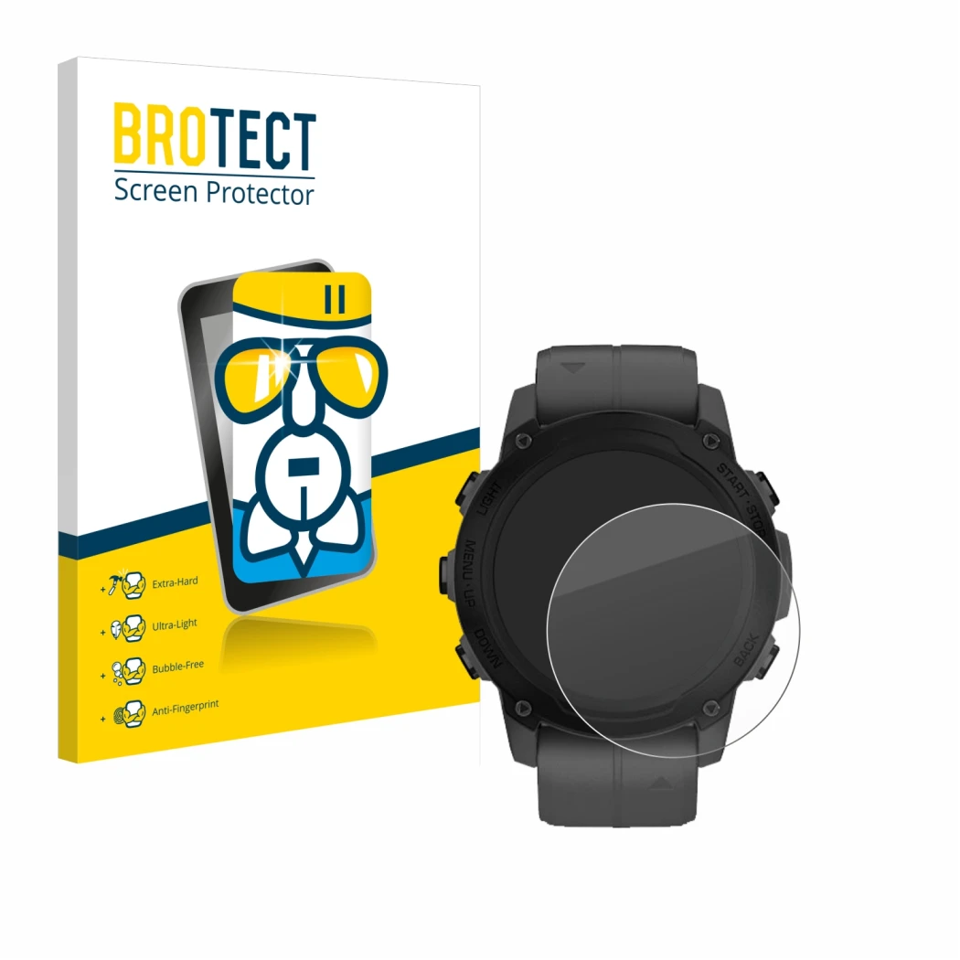 Front side of a product packaging with the brand logo BROTECT. Next to it is the device Garmin Descent G1 shown with the corre