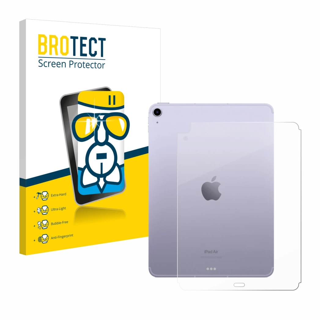 Front side of a product packaging with the brand logo BROTECT. Next to it is the device Apple iPad Air 5 WiFi 2022 (Back, 5th 