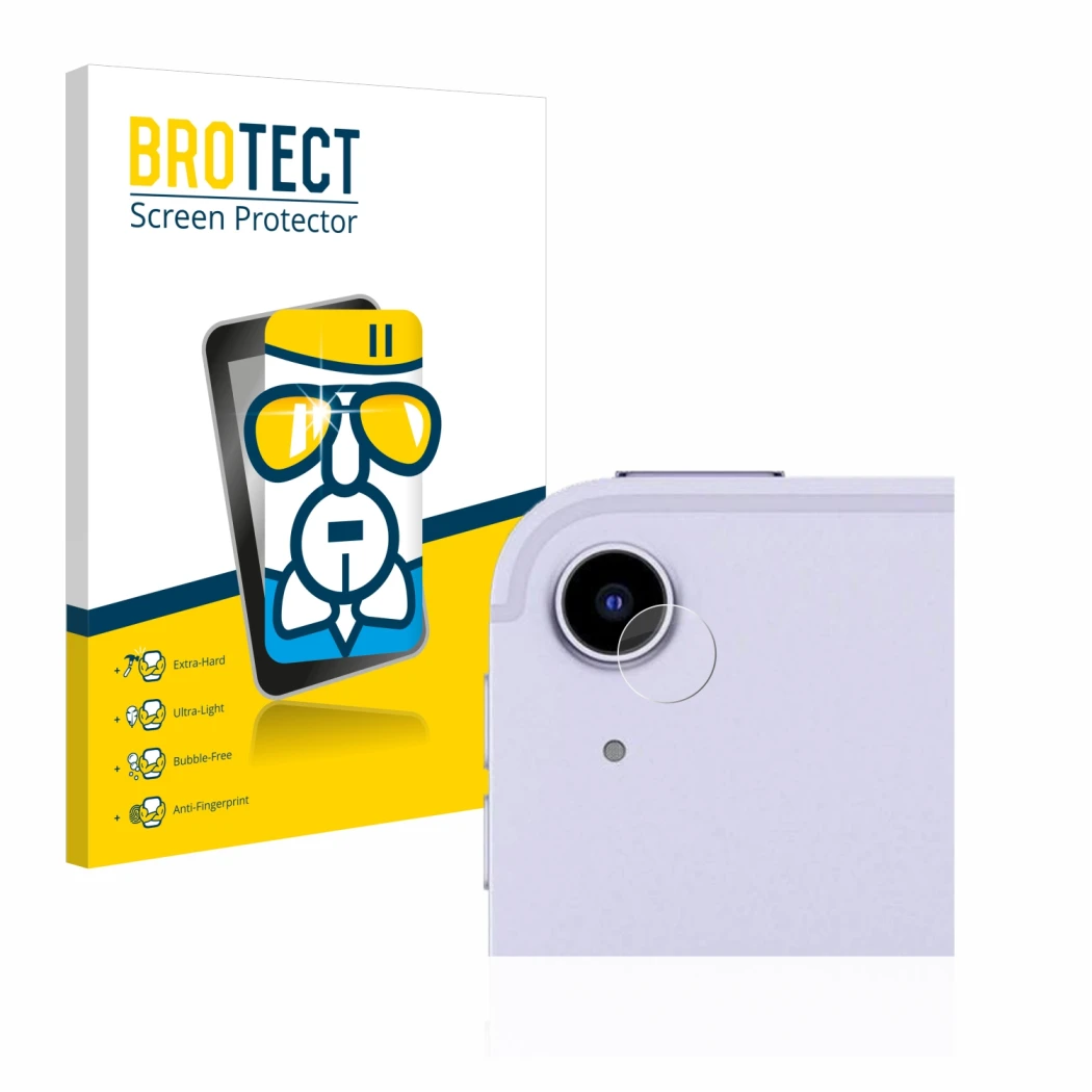 Front side of a product packaging with the brand logo BROTECT. Next to it is the device Apple iPad Air 5 WiFi 2022 (ONLY Camer