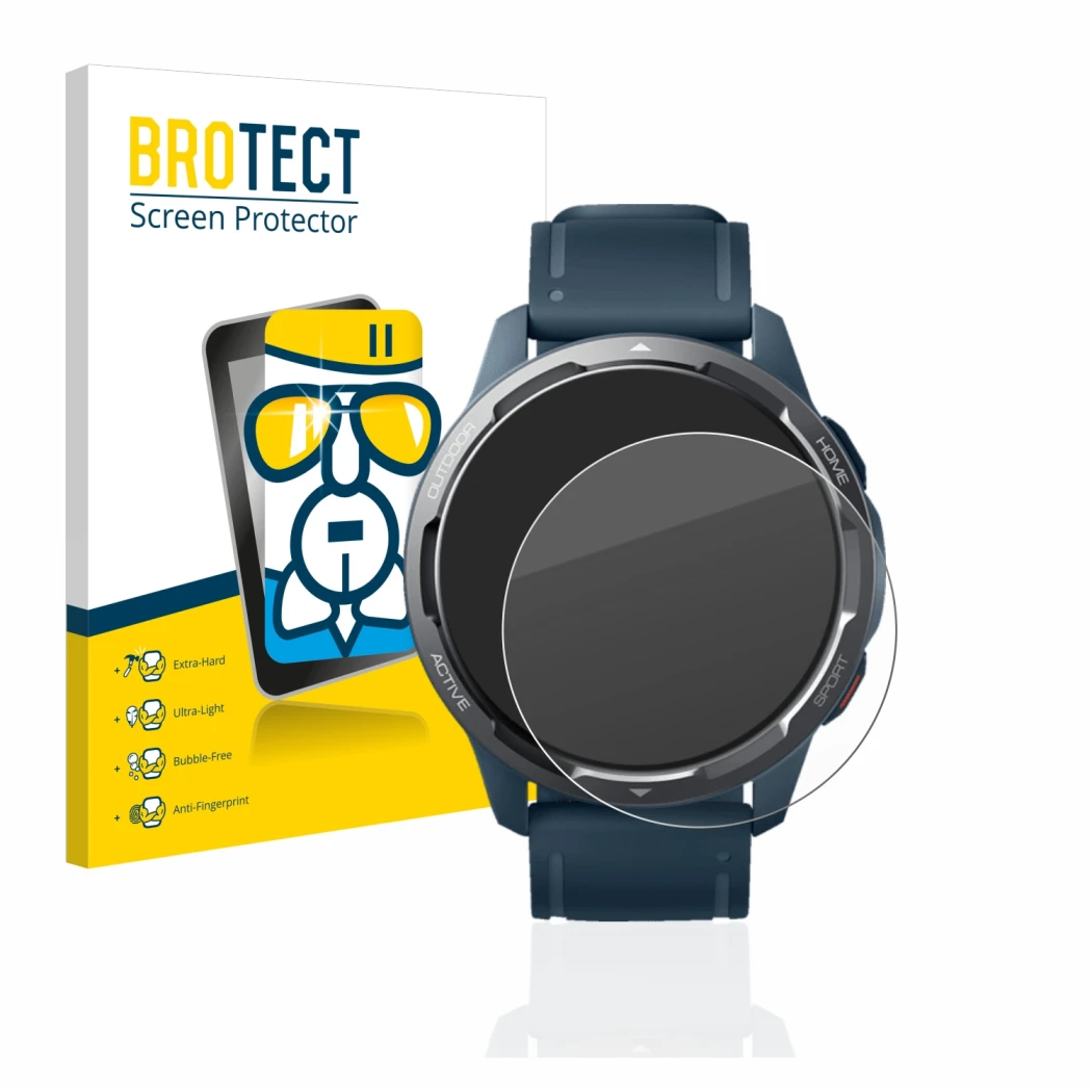 Front side of a product packaging with the brand logo BROTECT. Next to it is the device Xiaomi Watch S1 Active shown with the 