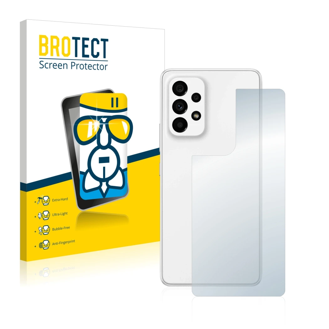 Front side of a product packaging with the brand logo BROTECT. Next to it is the device Samsung Galaxy A53 5G (Back) shown wit