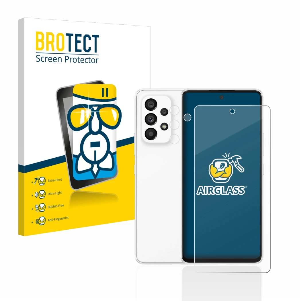 Front side of a product packaging with the brand logo BROTECT. Next to it is the device Samsung Galaxy A53 5G (Front+Camera) s