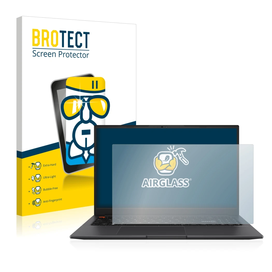 Front side of a product packaging with the brand logo BROTECT. Next to it is the device ASUS VivoBook S 15 OLED shown with the