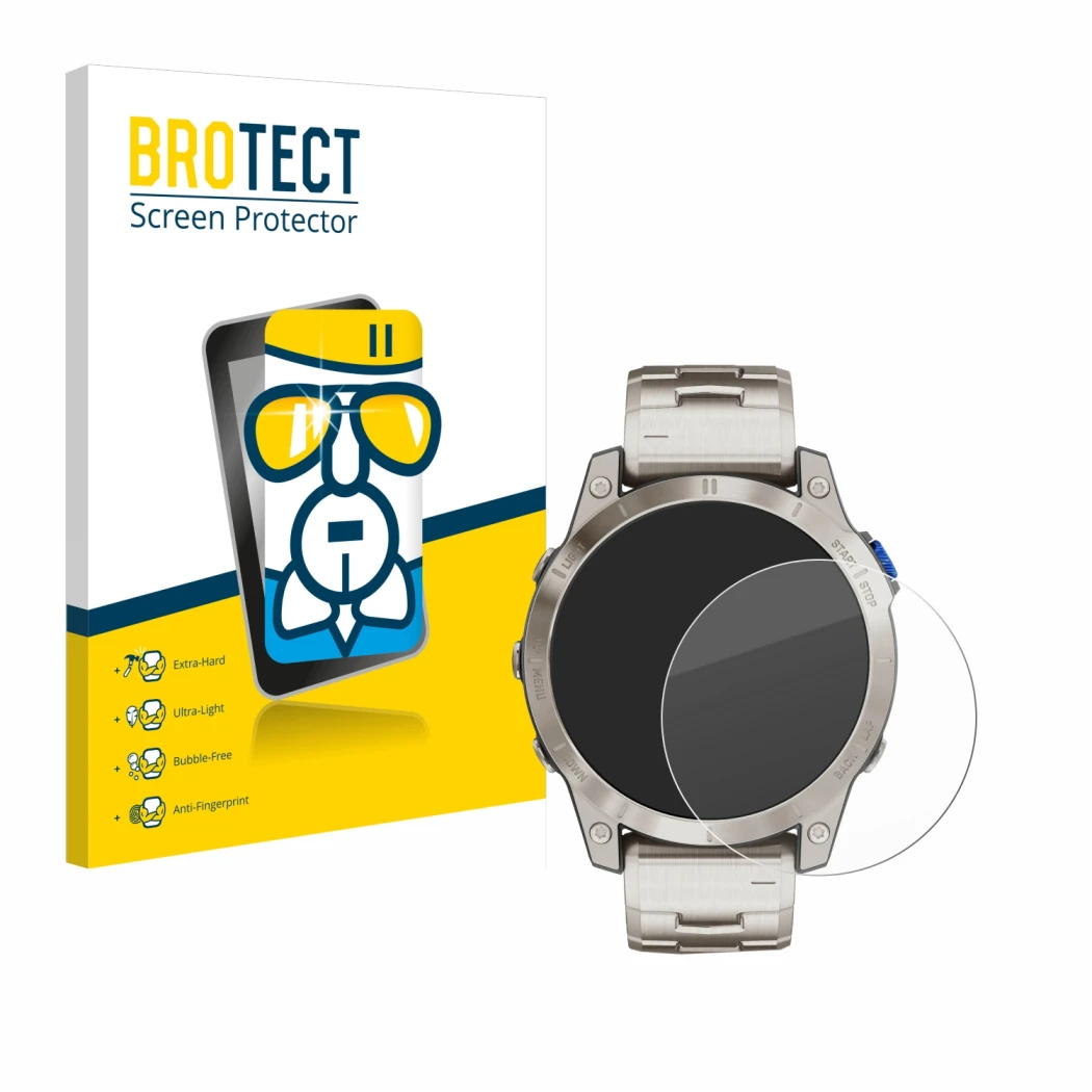 Front side of a product packaging with the brand logo BROTECT. Next to it is the device Garmin D2 Mach 1 shown with the corres