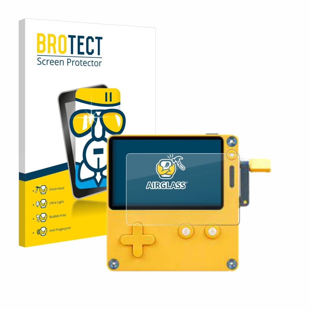 Front side of a product packaging with the brand logo BROTECT. Next to it is the device Panic Playdate shown with the correspo