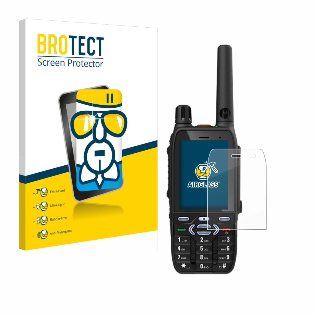 Front side of a product packaging with the brand logo BROTECT. Next to it is the device Motorola MXP600 shown with the corresp