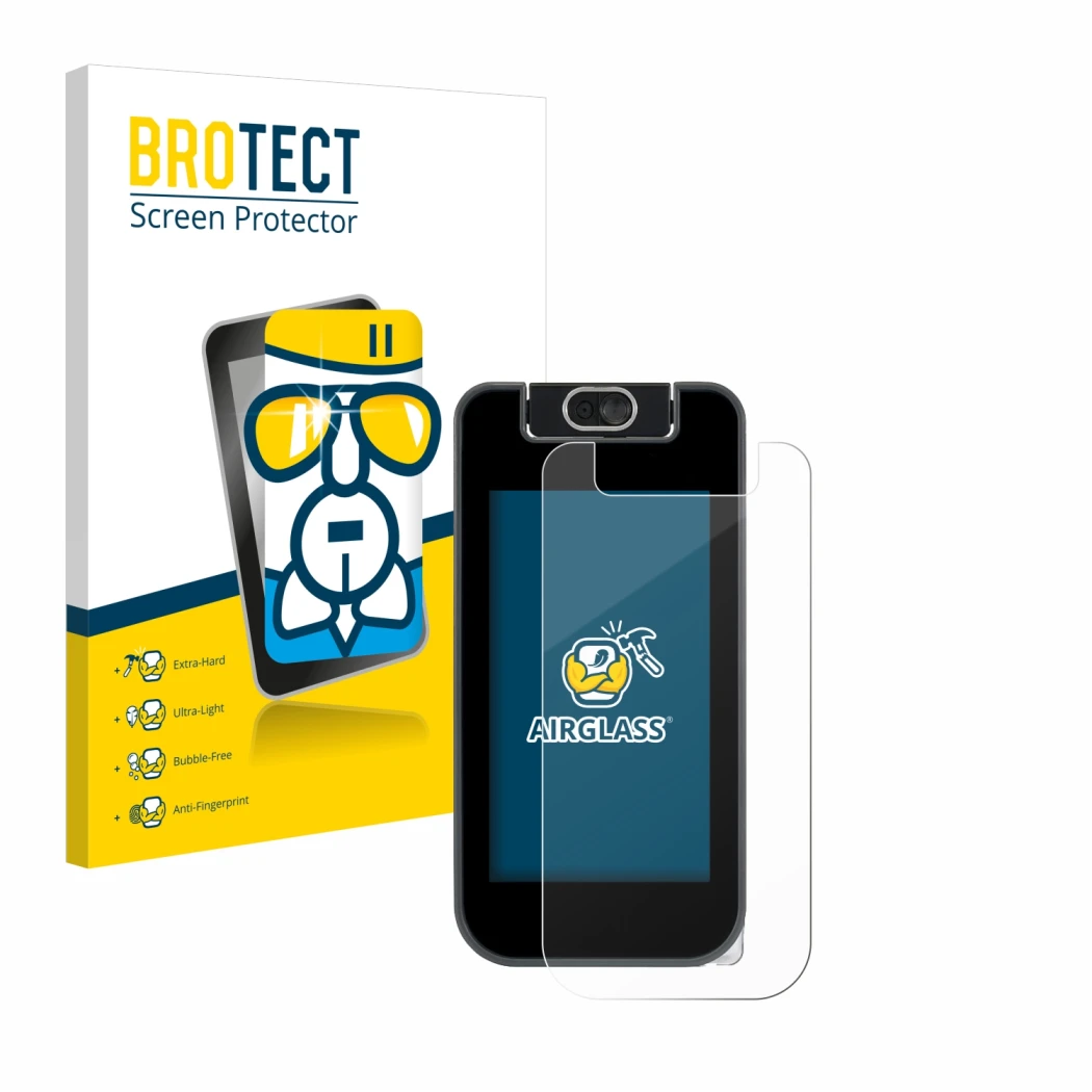 Front side of a product packaging with the brand logo BROTECT. Next to it is the device Vtech KidiBuzz 3 shown with the corres