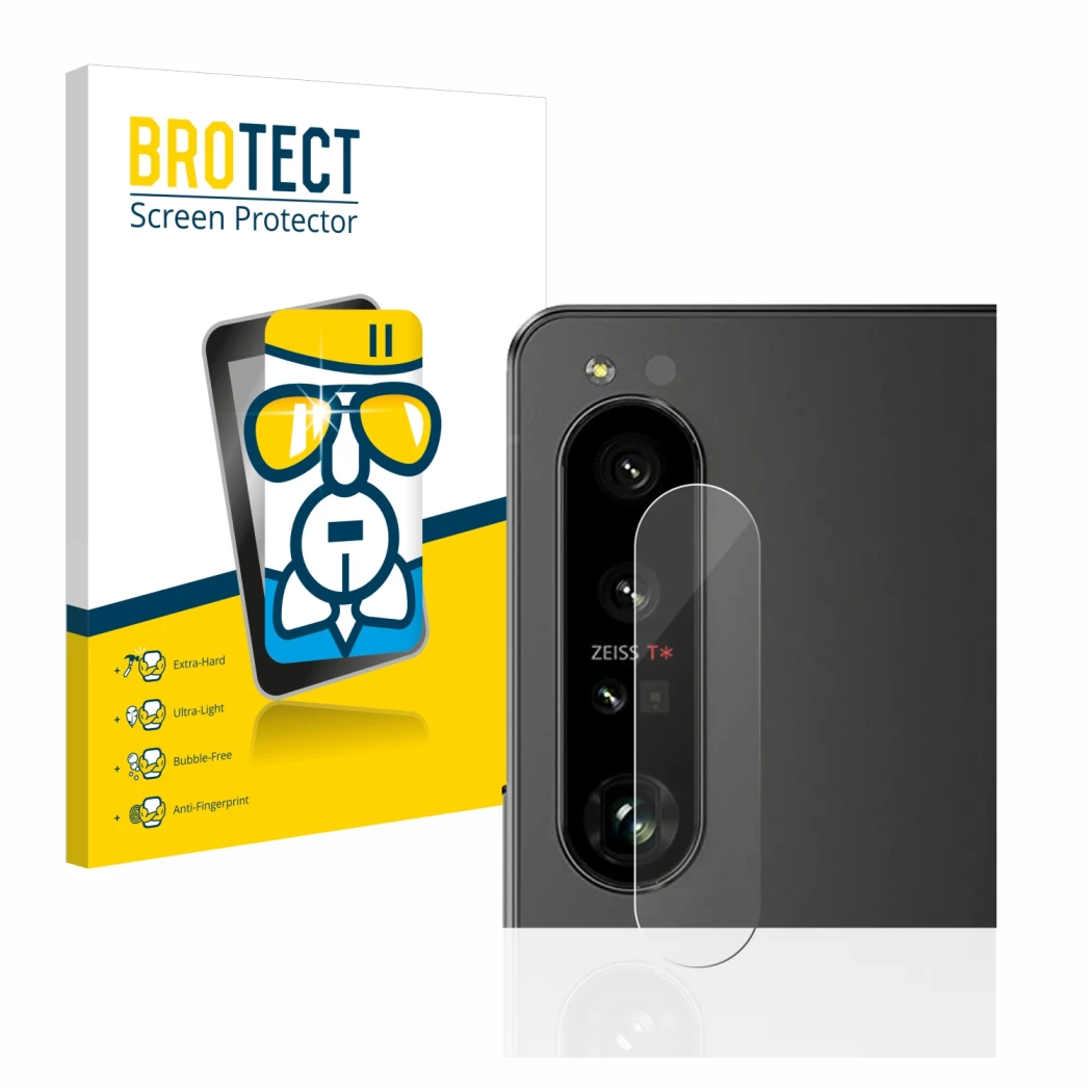 Front side of a product packaging with the brand logo BROTECT. Next to it is the device Sony Xperia 1 IV (ONLY Camera Lens) sh