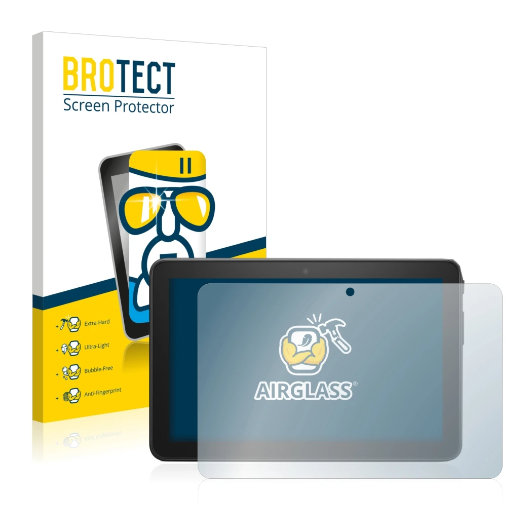Front side of a product packaging with the brand logo BROTECT. Next to it is the device Amazon Fire 7 2022 shown with the corr
