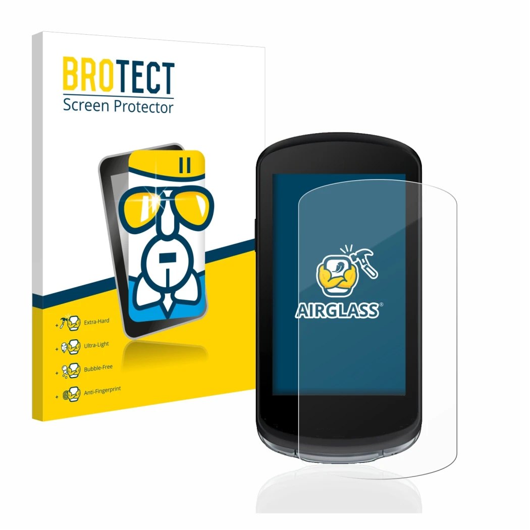 Front side of a product packaging with the brand logo BROTECT. Next to it is the device Garmin Edge 1040 shown with the corres