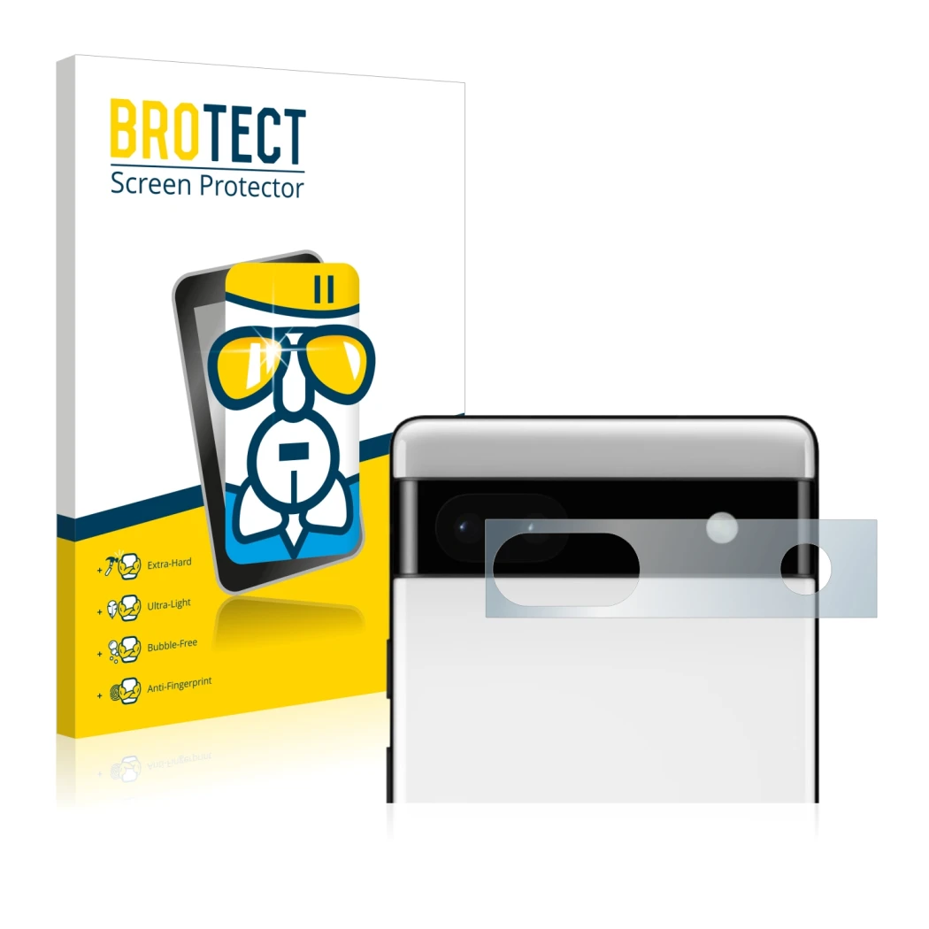 Front side of a product packaging with the brand logo BROTECT. Next to it is the device Google Pixel 6a (ONLY Camera Lens) sho
