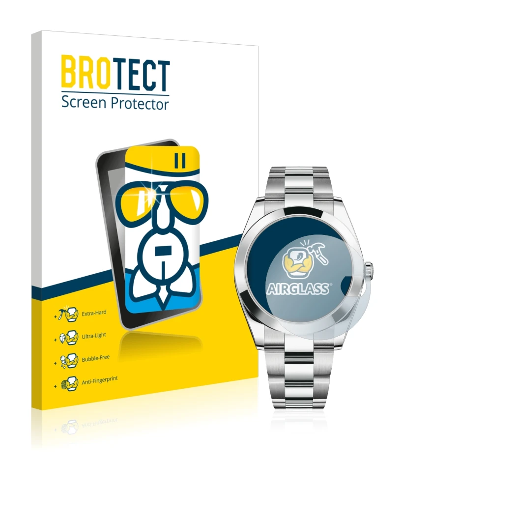 Front side of a product packaging with the brand logo BROTECT. Next to it is the device Rolex Datejust 41 shown with the corre