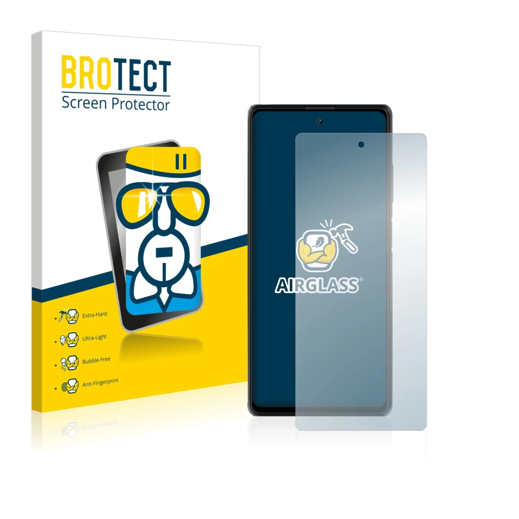 Front side of a product packaging with the brand logo BROTECT. Next to it is the device Blackview A100 shown with the correspo