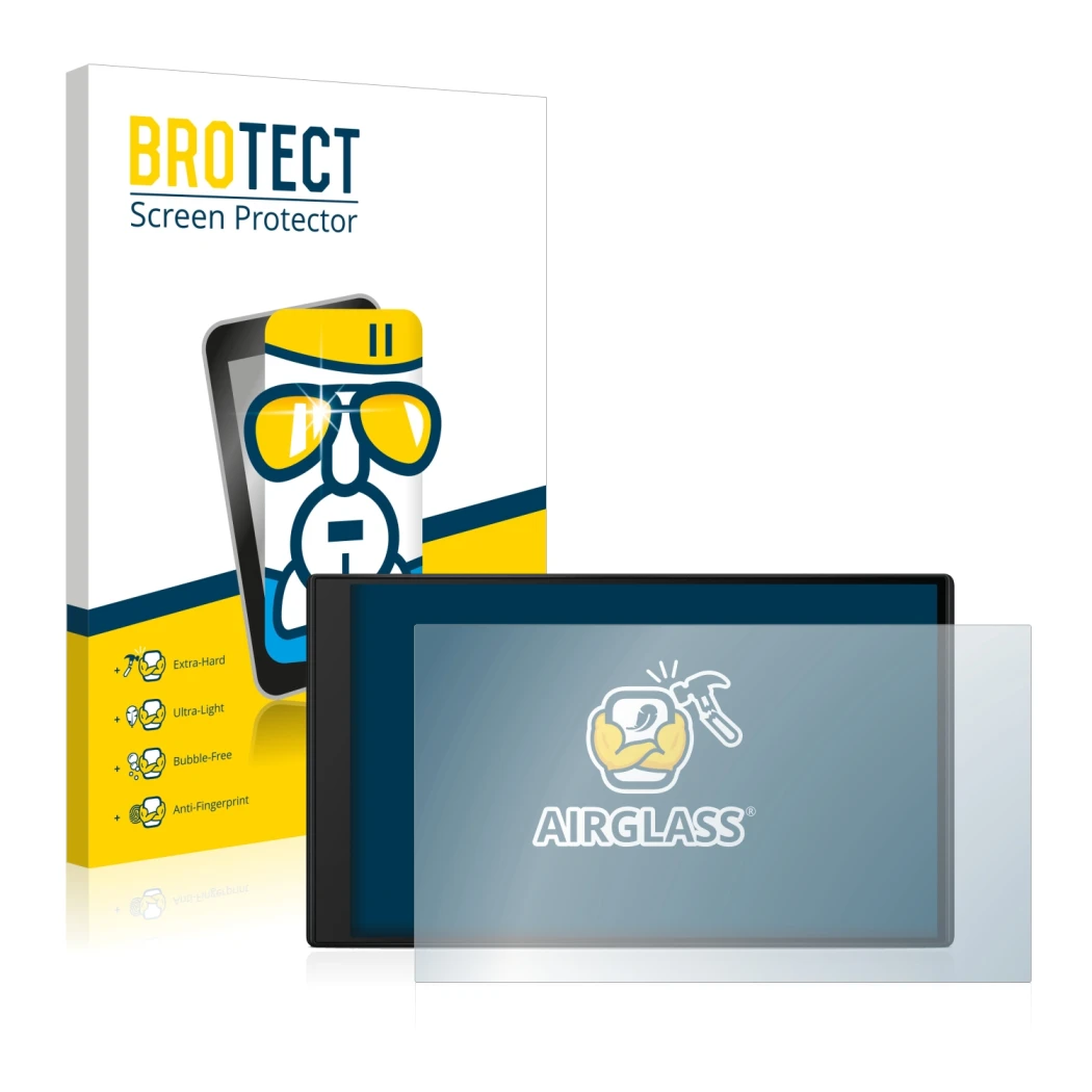 Front side of a product packaging with the brand logo BROTECT. Next to it is the device Garmin Camper 795 shown with the corre