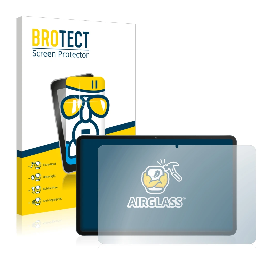 Front side of a product packaging with the brand logo BROTECT. Next to it is the device Honor Pad 8 shown with the correspondi